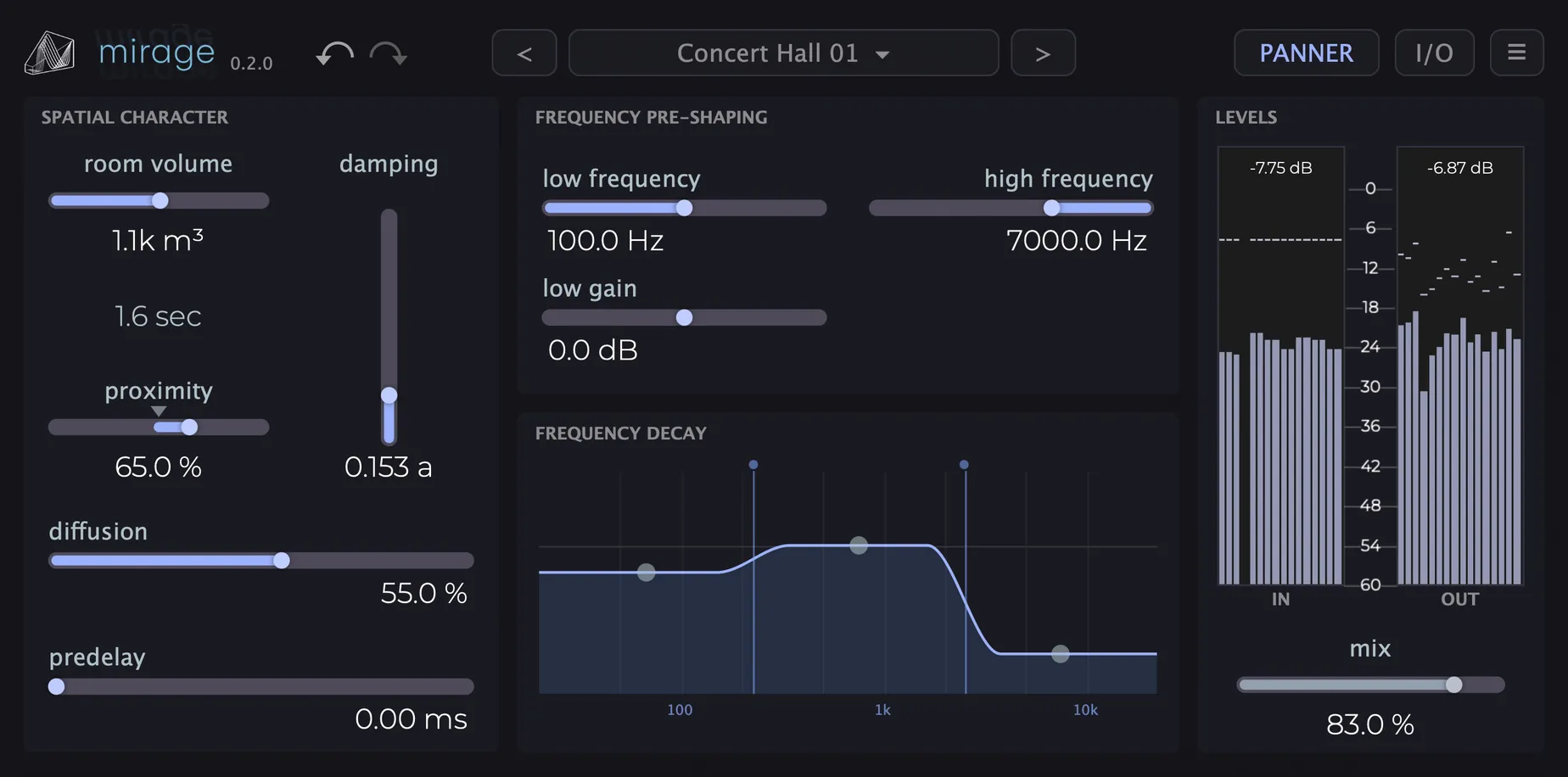 the mirage plugin window, with room, frequency and decay controls